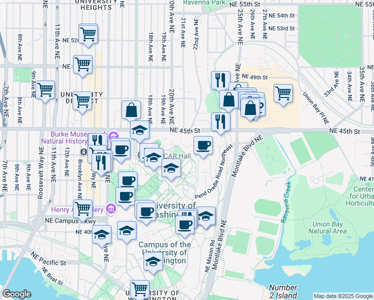 map of restaurants, bars, coffee shops, grocery stores, and more near 4320 Whitman Lane Northeast in Seattle