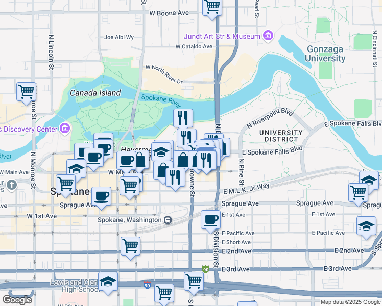 map of restaurants, bars, coffee shops, grocery stores, and more near 223 West Spokane Falls Boulevard in Spokane
