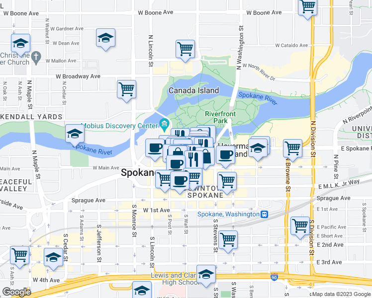 map of restaurants, bars, coffee shops, grocery stores, and more near N Wall St & W Spokane Falls Blvd in Spokane