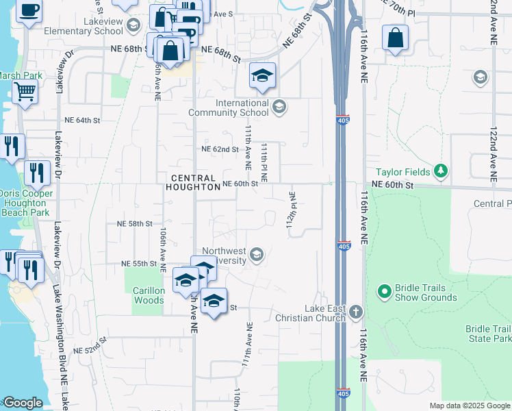 map of restaurants, bars, coffee shops, grocery stores, and more near 11102 Northeast 53rd Street in Kirkland