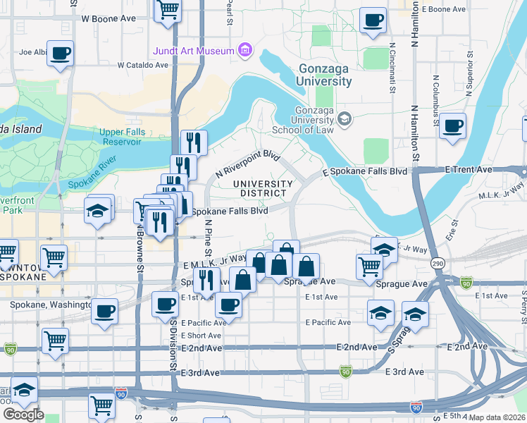 map of restaurants, bars, coffee shops, grocery stores, and more near 400 East Spokane Falls Boulevard in Spokane