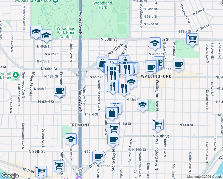 map of restaurants, bars, coffee shops, grocery stores, and more near 1220 North 44th Street in Seattle