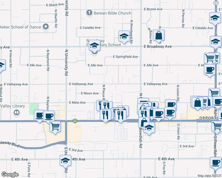 map of restaurants, bars, coffee shops, grocery stores, and more near 11105 East Front Lane in Spokane Valley