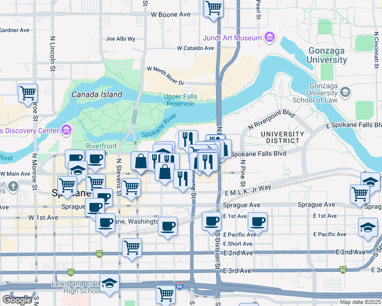 map of restaurants, bars, coffee shops, grocery stores, and more near 220 West Main Avenue in Spokane