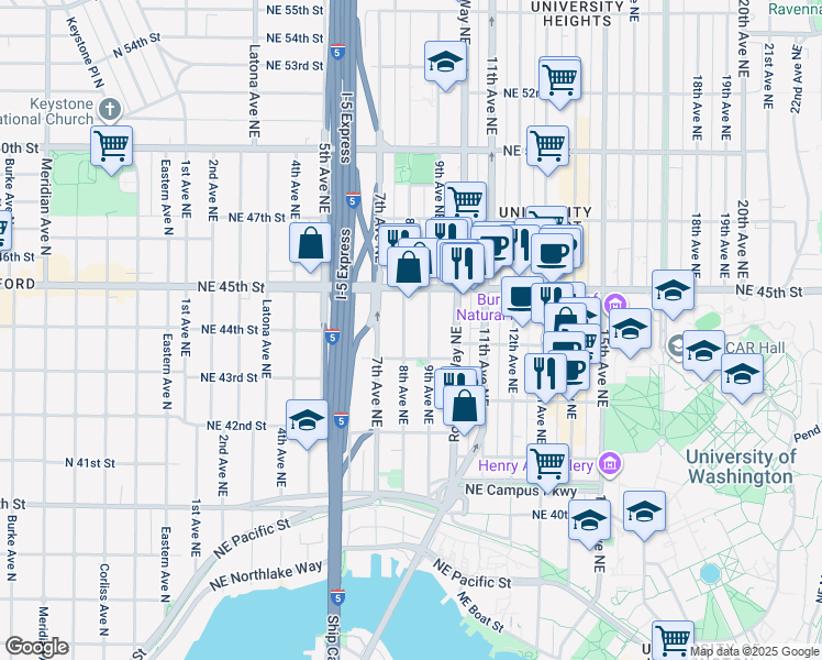 map of restaurants, bars, coffee shops, grocery stores, and more near 817 Northeast 43rd Street in Seattle
