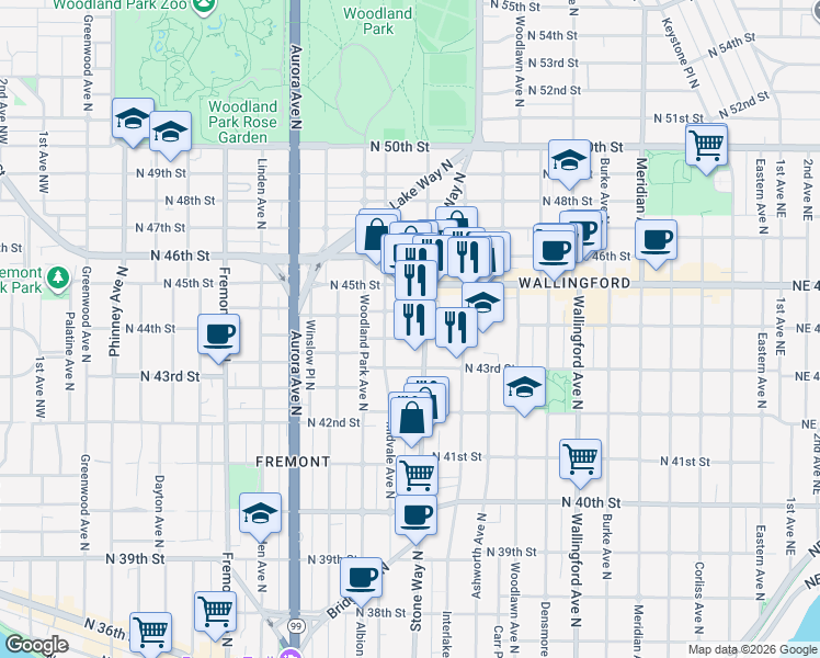 map of restaurants, bars, coffee shops, grocery stores, and more near in Seattle