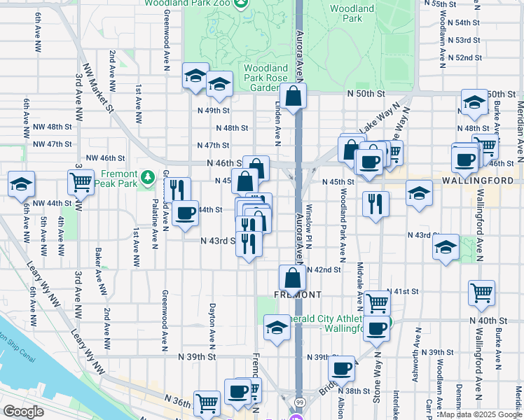 map of restaurants, bars, coffee shops, grocery stores, and more near in Seattle
