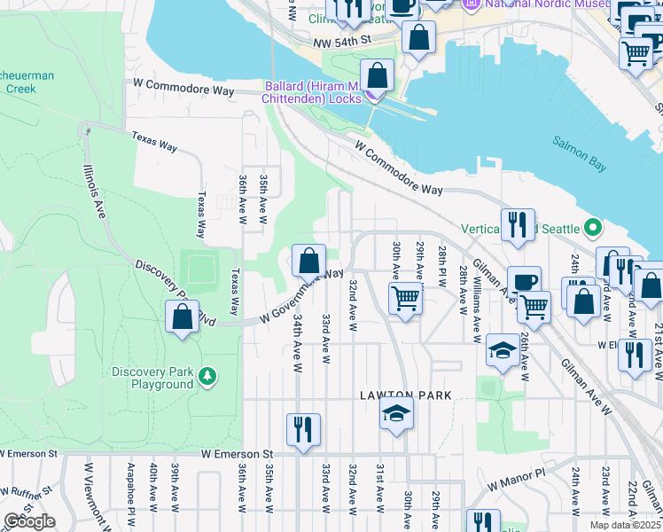 map of restaurants, bars, coffee shops, grocery stores, and more near 3309 West Government Way in Seattle