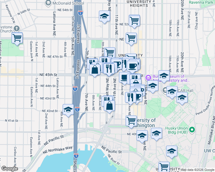 map of restaurants, bars, coffee shops, grocery stores, and more near 4343 Roosevelt Way Northeast in Seattle