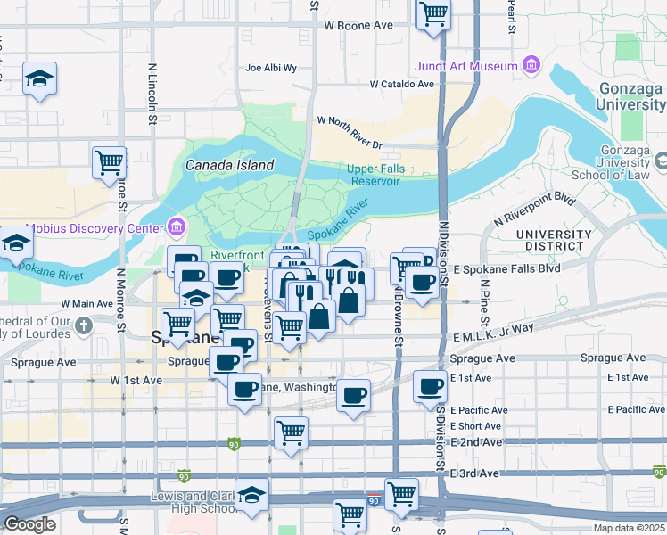 map of restaurants, bars, coffee shops, grocery stores, and more near 334 West Spokane Falls Boulevard in Spokane