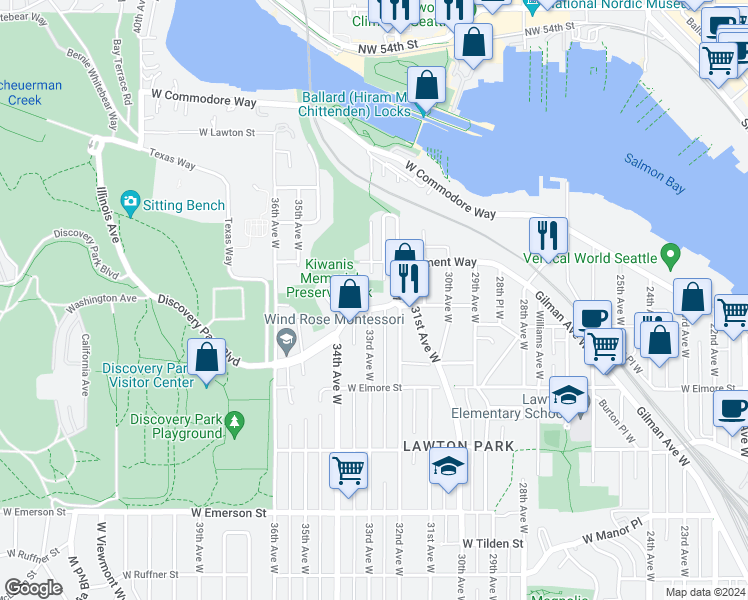 map of restaurants, bars, coffee shops, grocery stores, and more near 3309 West Government Way in Seattle
