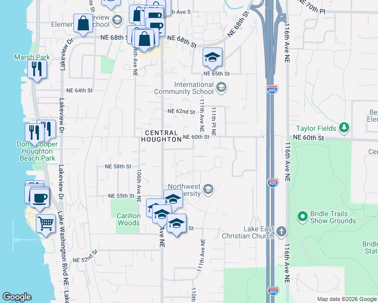 map of restaurants, bars, coffee shops, grocery stores, and more near 10919 Northeast 59th Street in Kirkland