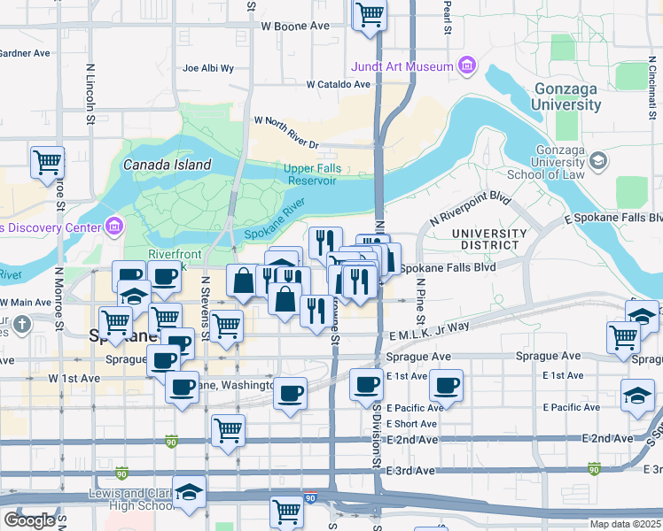 map of restaurants, bars, coffee shops, grocery stores, and more near 334 West Spokane Falls Boulevard in Spokane
