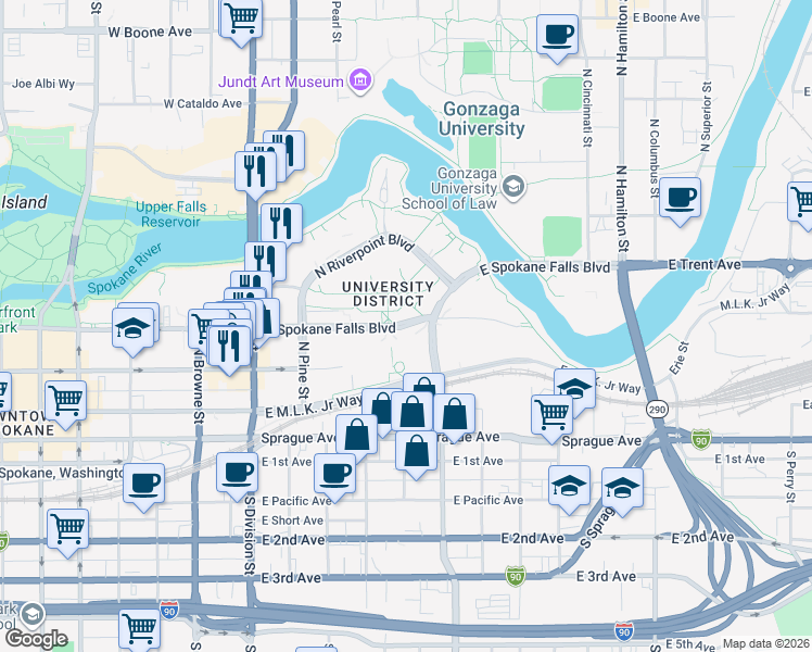 map of restaurants, bars, coffee shops, grocery stores, and more near 400 East Spokane Falls Boulevard in Spokane