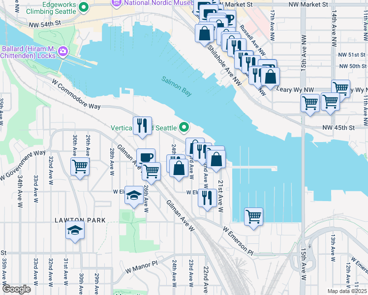 map of restaurants, bars, coffee shops, grocery stores, and more near 2330 W Commodore Way in Seattle