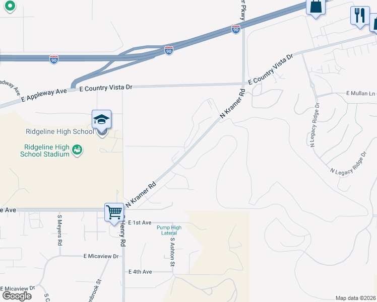 map of restaurants, bars, coffee shops, grocery stores, and more near North Henry Road in Liberty Lake