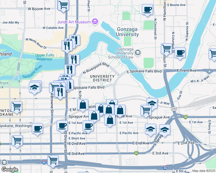 map of restaurants, bars, coffee shops, grocery stores, and more near 412 East Spokane Falls Boulevard in Spokane