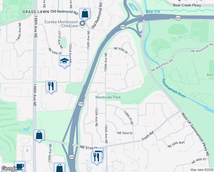 map of restaurants, bars, coffee shops, grocery stores, and more near 5858 156th Avenue Northeast in Redmond