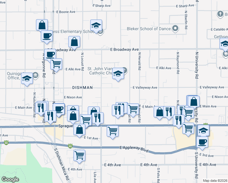 map of restaurants, bars, coffee shops, grocery stores, and more near 416 North Farr Road in Spokane Valley