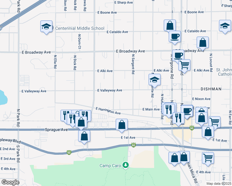 map of restaurants, bars, coffee shops, grocery stores, and more near 411 North Bessie Road in Spokane Valley