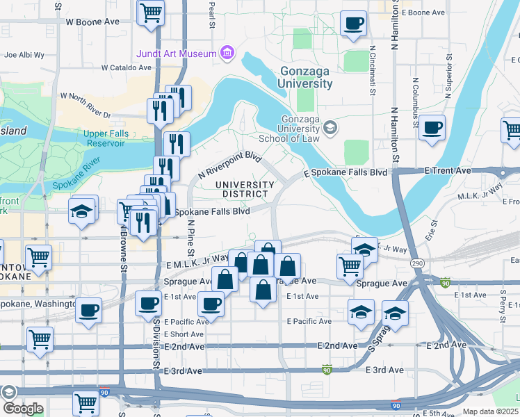 map of restaurants, bars, coffee shops, grocery stores, and more near 668 North Riverpoint Boulevard in Spokane