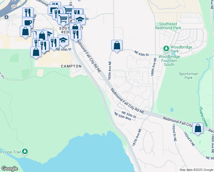 map of restaurants, bars, coffee shops, grocery stores, and more near Y103 185th Court Northeast in Redmond