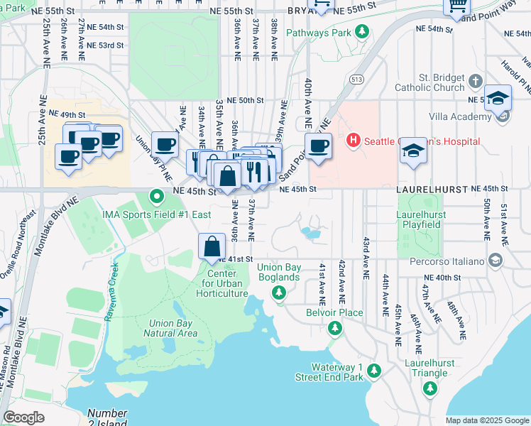 map of restaurants, bars, coffee shops, grocery stores, and more near 4413 38th Avenue Northeast in Seattle