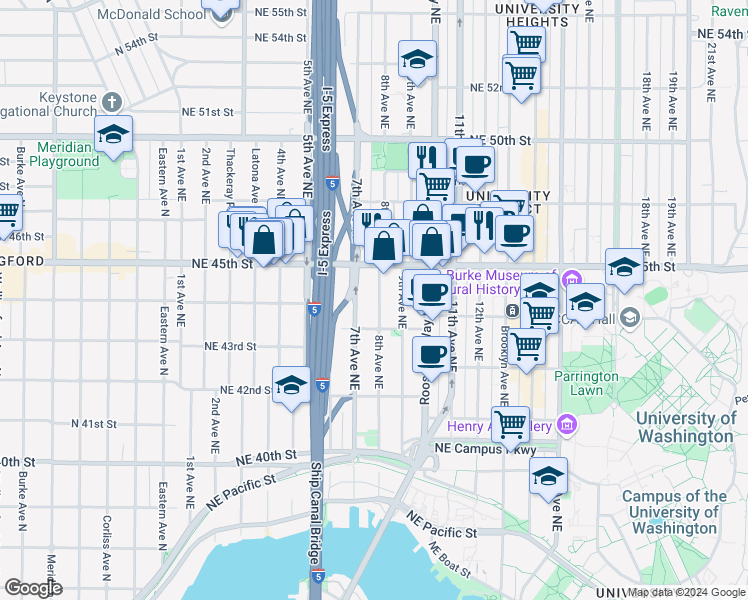 map of restaurants, bars, coffee shops, grocery stores, and more near 714 Northeast 45th Street in Seattle