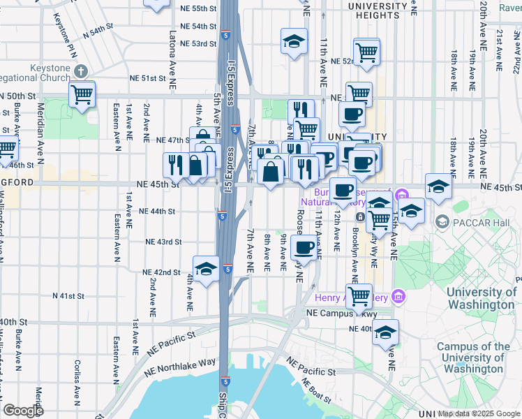 map of restaurants, bars, coffee shops, grocery stores, and more near 714 Northeast 45th Street in Seattle