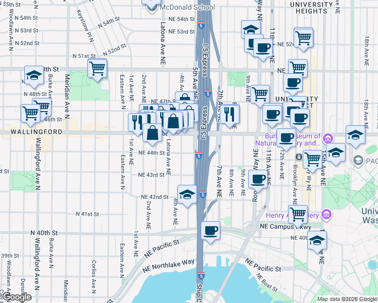 map of restaurants, bars, coffee shops, grocery stores, and more near 4426 4th Avenue Northeast in Seattle