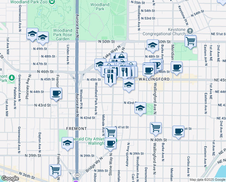 map of restaurants, bars, coffee shops, grocery stores, and more near in Seattle