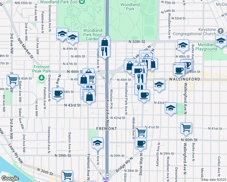 map of restaurants, bars, coffee shops, grocery stores, and more near 4463 Whitman Avenue North in Seattle