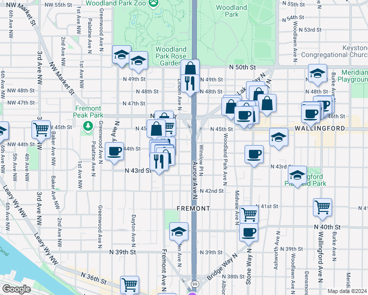 map of restaurants, bars, coffee shops, grocery stores, and more near 4455 Aurora Avenue North in Seattle