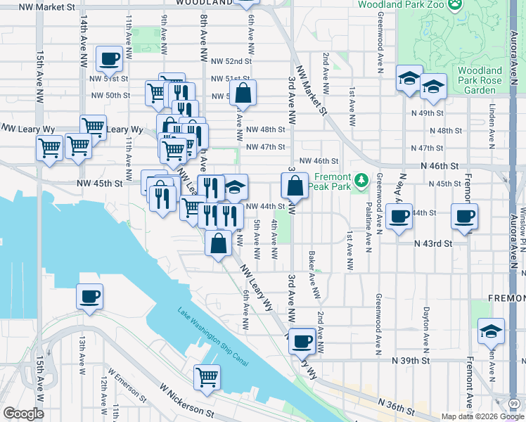 map of restaurants, bars, coffee shops, grocery stores, and more near 4417 4th Avenue Northwest in Seattle