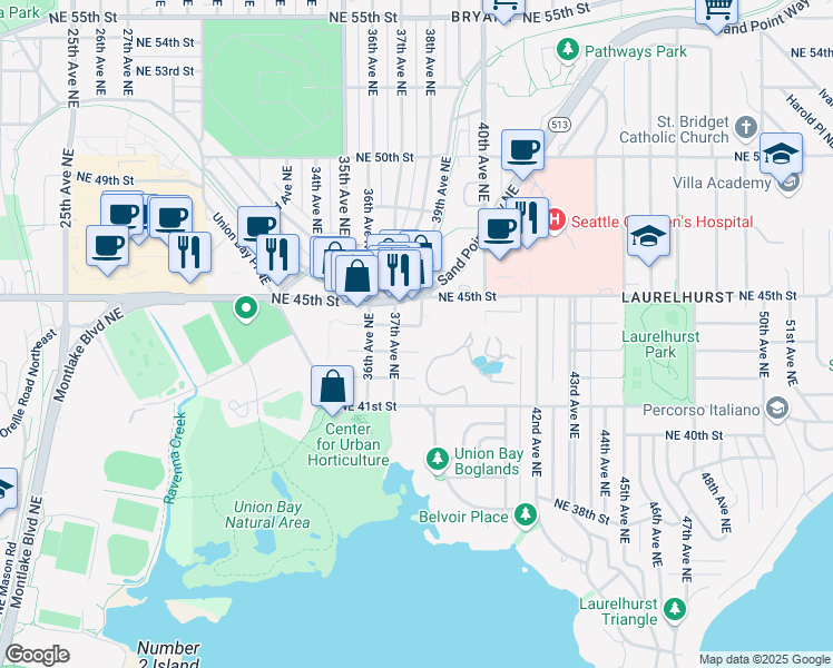 map of restaurants, bars, coffee shops, grocery stores, and more near 4413 38th Avenue Northeast in Seattle