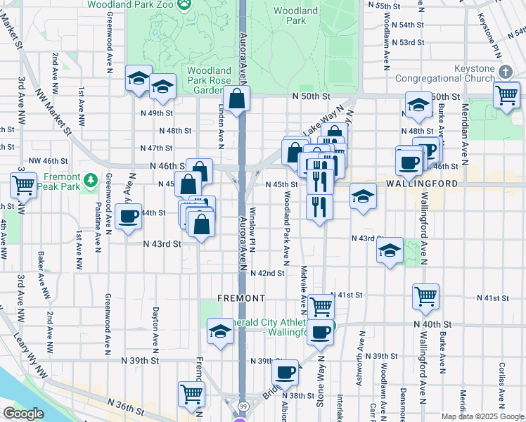 map of restaurants, bars, coffee shops, grocery stores, and more near 4463 Whitman Avenue North in Seattle
