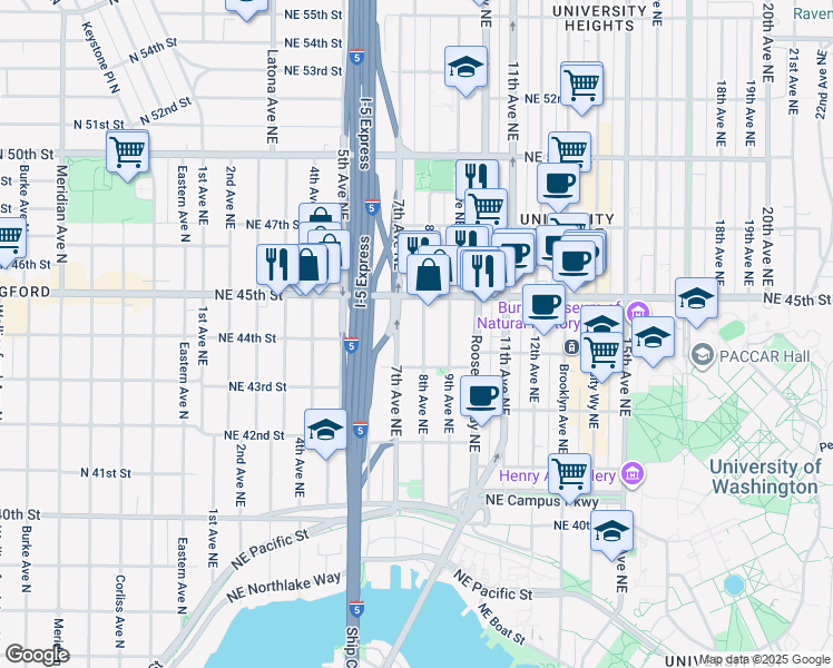 map of restaurants, bars, coffee shops, grocery stores, and more near 4327 8th Avenue Northeast in Seattle