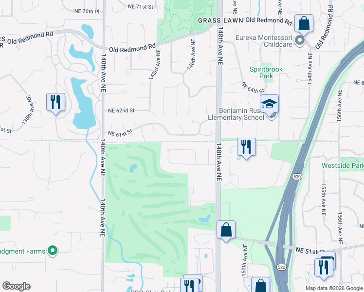 map of restaurants, bars, coffee shops, grocery stores, and more near 14550 Northeast 58th Street in Bellevue