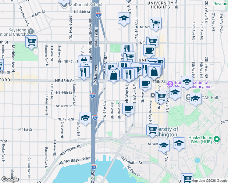 map of restaurants, bars, coffee shops, grocery stores, and more near 4324 8th Avenue Northeast in Seattle