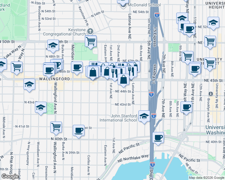 map of restaurants, bars, coffee shops, grocery stores, and more near 102 Northeast 44th Street in Seattle