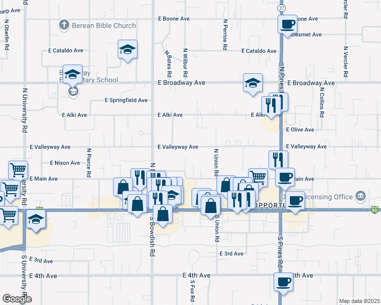 map of restaurants, bars, coffee shops, grocery stores, and more near 11707 East Valleyway Avenue in Spokane Valley