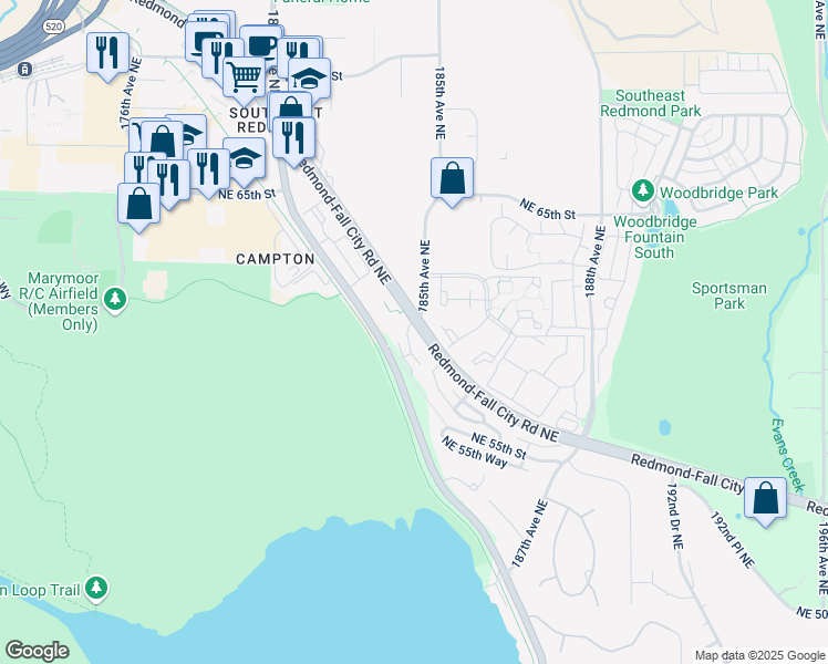 map of restaurants, bars, coffee shops, grocery stores, and more near Y103 185th Court Northeast in Redmond