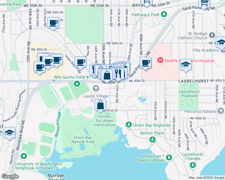 map of restaurants, bars, coffee shops, grocery stores, and more near in Seattle