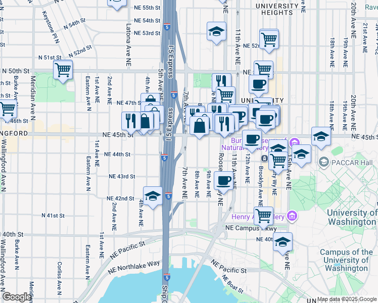 map of restaurants, bars, coffee shops, grocery stores, and more near 714 Northeast 45th Street in Seattle