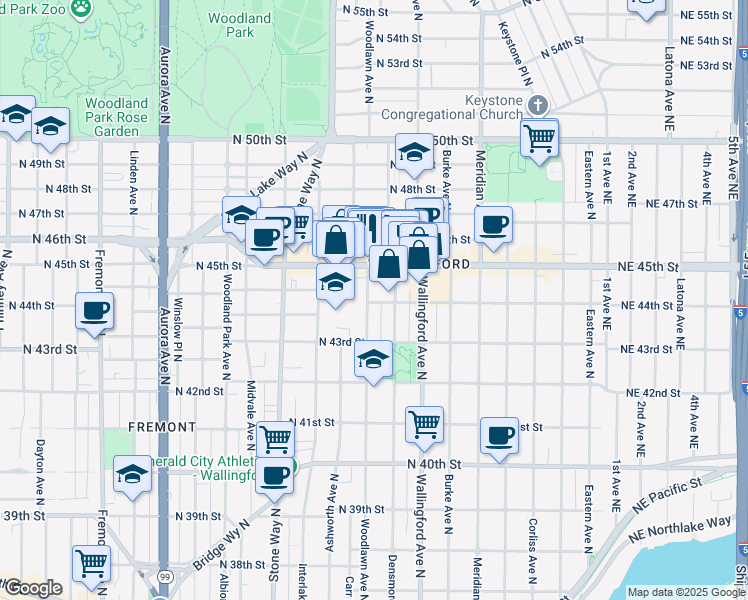 map of restaurants, bars, coffee shops, grocery stores, and more near 4422 Woodlawn Avenue North in Seattle