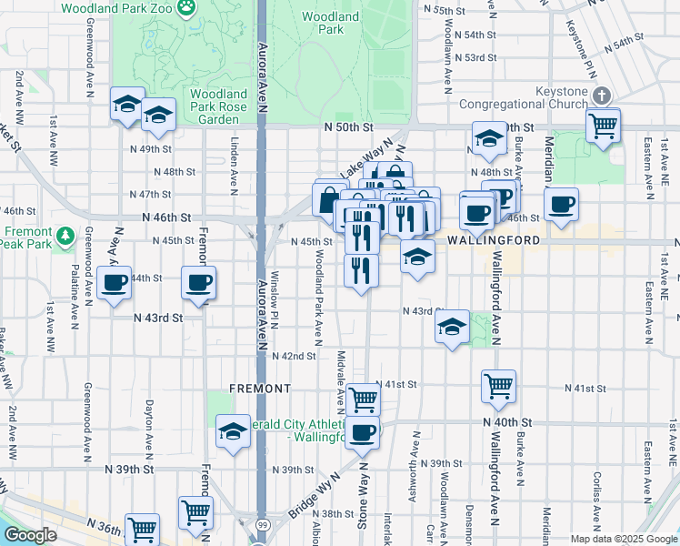 map of restaurants, bars, coffee shops, grocery stores, and more near 1218 North Allen Place in Seattle