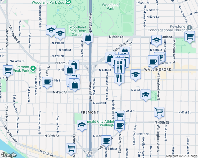 map of restaurants, bars, coffee shops, grocery stores, and more near 4463 Whitman Avenue North in Seattle