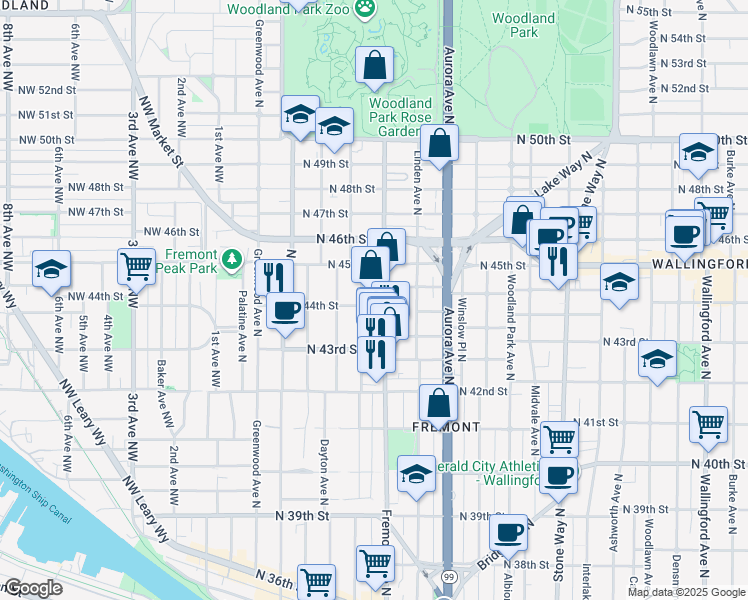 map of restaurants, bars, coffee shops, grocery stores, and more near 4425 Fremont Avenue North in Seattle
