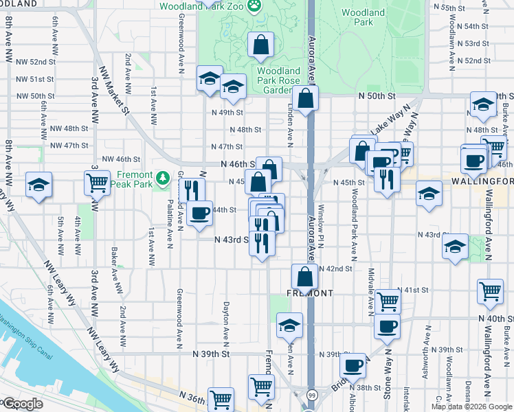 map of restaurants, bars, coffee shops, grocery stores, and more near 4425 Fremont Avenue North in Seattle