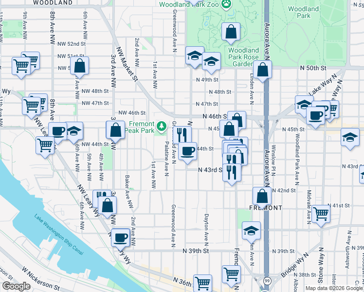 map of restaurants, bars, coffee shops, grocery stores, and more near 4420 Greenwood Avenue North in Seattle